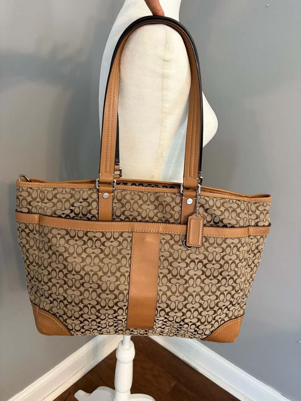 Coach Signature C Khaki and Tan Leather Tote Diaper Bag F77156